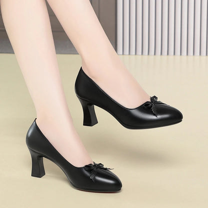 Womens Elegant Bow Decor Block Heel Pumps Smooth Faux Leather Upper Pointed Toe Design Comfort Cushioned Insole NonSlip Outsole