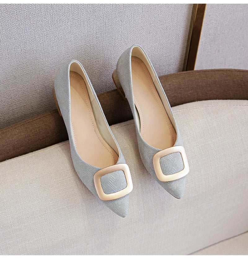 Womens Light Blue Glitter Pointed Toe Block Heel Pumps With Gold Square Buckle Detail Metallic Heel Elegant Dress Shoes Ladies