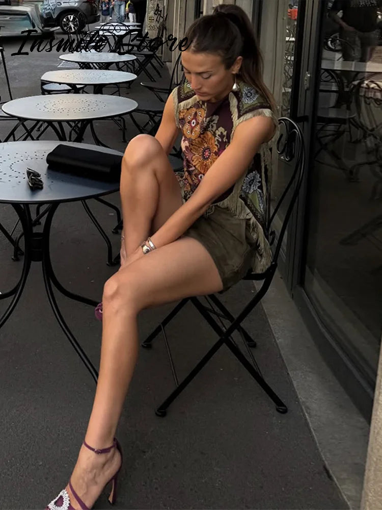 Fashion Tassel Printed Irregular Top Women Loose O-neck Sleeveless Patchwork Vest 2026 Summer Lady New Casual Beach Y2k Outfit
