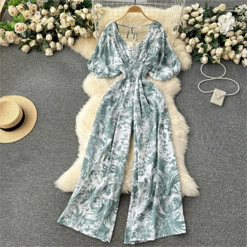 Women's Print Jumpsuit Casual V-neck Bubble Sleeve Backless Lace-Up Slimming Summer Beach Vacation Loose Wide Leg Jumpsuit