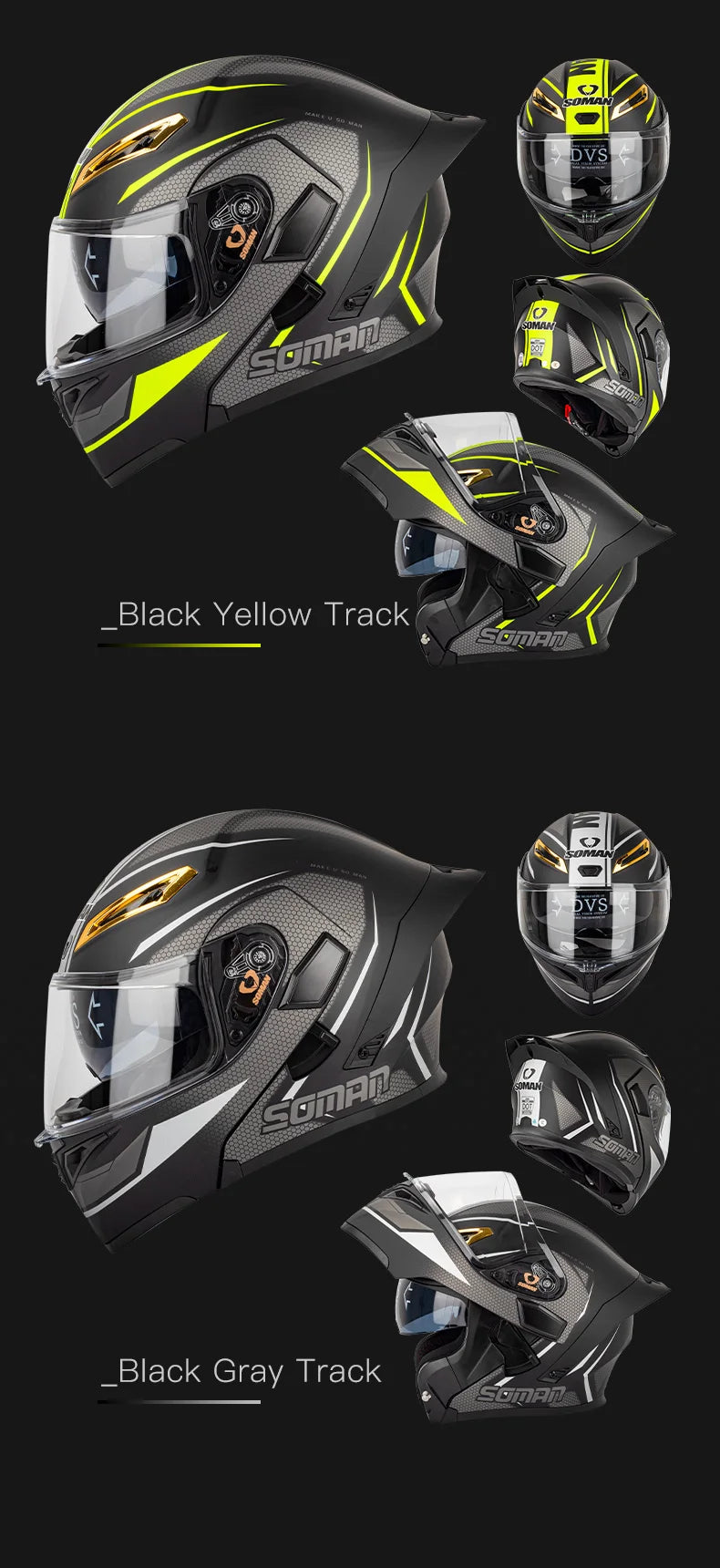 SOMAN Full Face Helmet Dual Lens Flip Up Motorcycle Helmets Casco Accessories Men Women Casque Moto Racing DOT Approved Visor