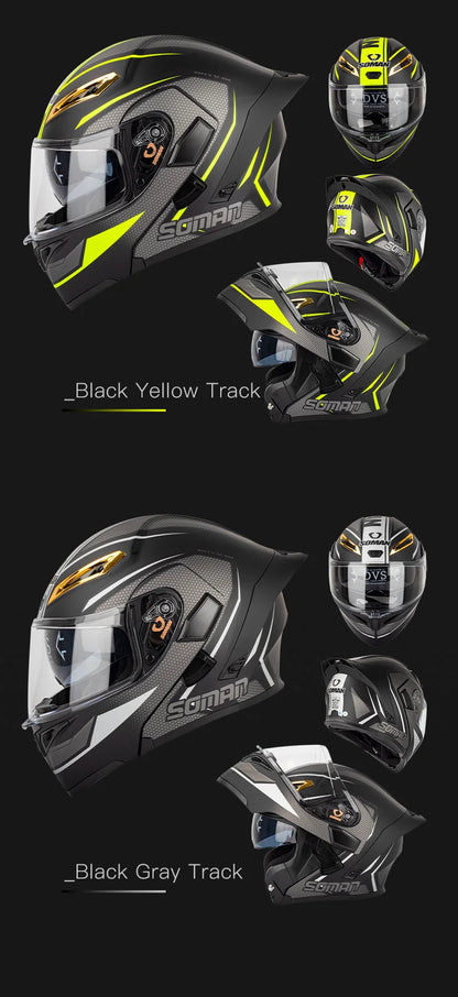 SOMAN Full Face Helmet Dual Lens Flip Up Motorcycle Helmets Casco Accessories Men Women Casque Moto Racing DOT Approved Visor