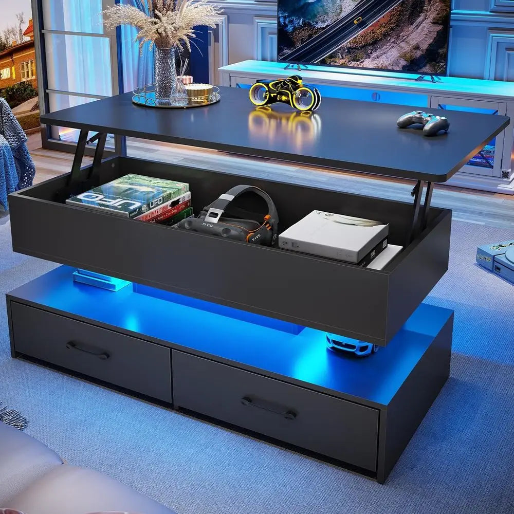 40in LED-Illuminated Coffee Table with Storage for Living Room, Compact with 2 Drawers, Black