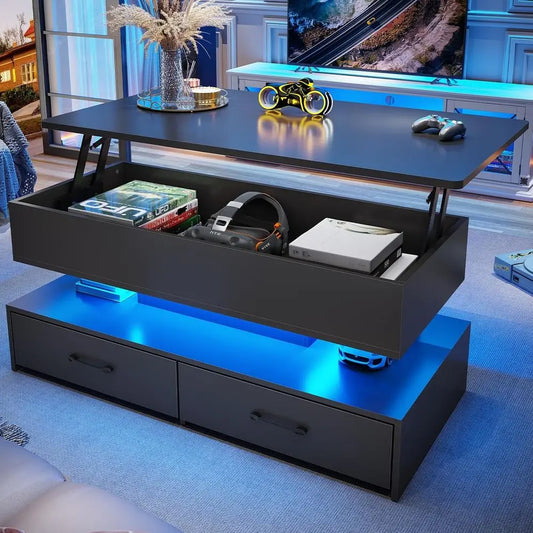40in LED-Illuminated Coffee Table with Storage for Living Room, Compact with 2 Drawers, Black