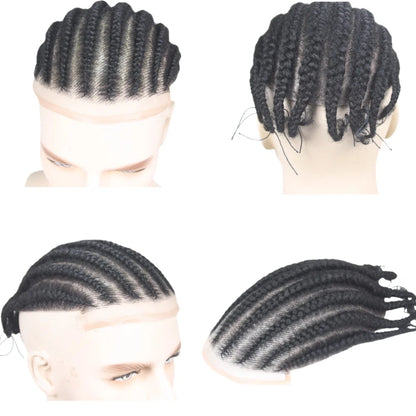 Glueless European Virgin Hair Toupee #1B Black - 8x10 Full Lace System w/Afro Corn Braids for Men