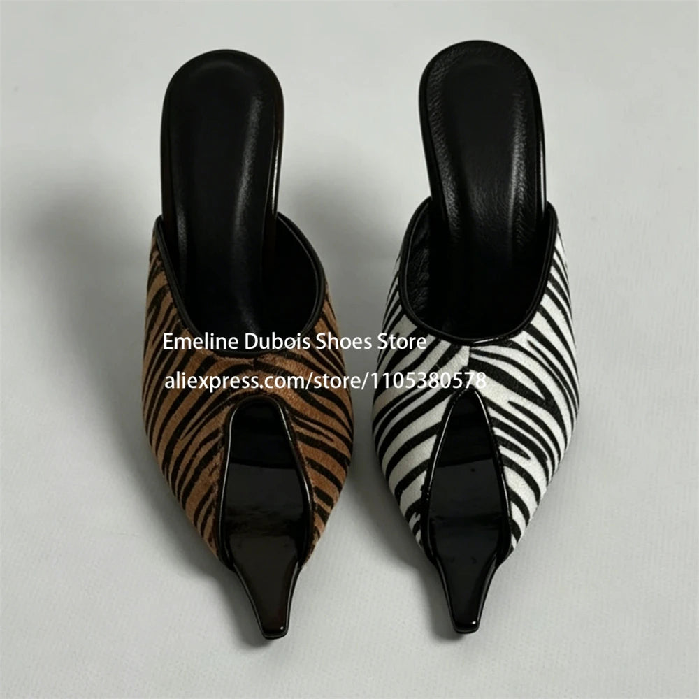 Zebra Print Faux Pony Hair Cutout High Heel Sandals Women Pointed Toe Slip on Stilettos Mules Sexy Party Ladies Dress Sandals