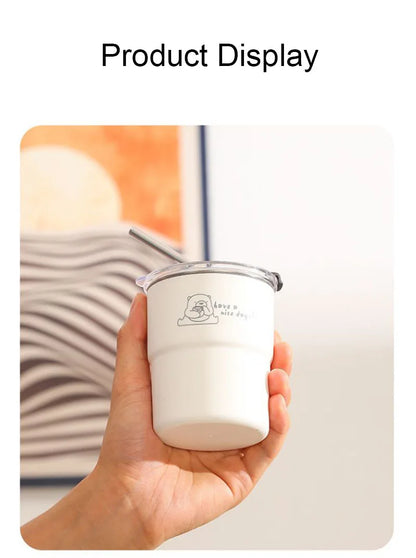 300ml Drinking Cup With Straw Portable Stainless Steel Coffee Cups Mug With Lid Heat Resistant Tea Cup Tumbler Travel Mug
