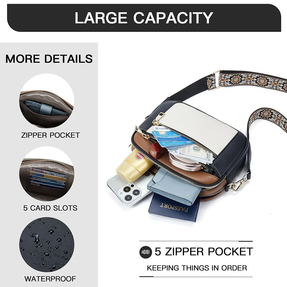 Stylish Wide Strap Shoulder Bag Women's Multiple Pockets Faux Leather Crossbody Bags Adjustable Strap  Travel Handbag Purse