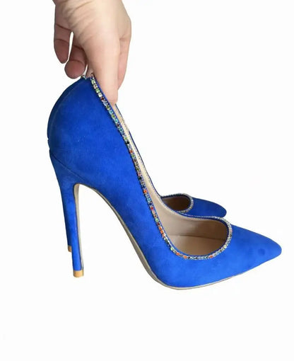 New Style Fashion Women Pumps Blues Suede Rhinestone Shallow Mouth High Heels Single Shoes Pointy Toe Stiletto Party Lady Shoes