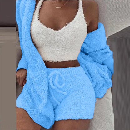 2026 New Women's Velvet Pajamas Set Sexy Crop Top+Shorts+Coat 3 Pieces Suit Sleepwear Casual Soft Clothes Homewear Pyjamas S-3XL