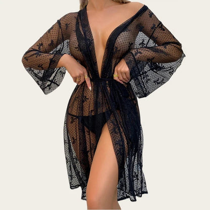 Sexy Women Night Dress Bow Print Mesh Sleepwear Gowns For Girlfriend Long Sleeve Cardigan Bathrobe Black Transparent Shower Robe