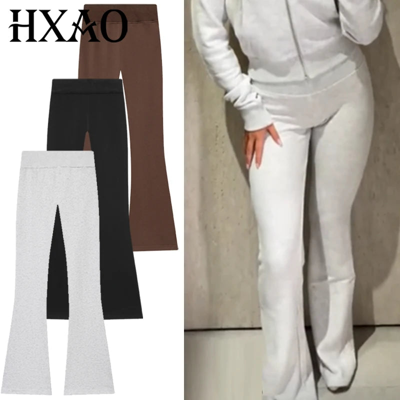HXAO Fleece Flared Trousers Women's Pants Black Brown Grey Pants For Woman Chic High-Waisted Flared Trousers Casual Sports Pants