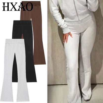 HXAO Fleece Flared Trousers Women's Pants Black Brown Grey Pants For Woman Chic High-Waisted Flared Trousers Casual Sports Pants