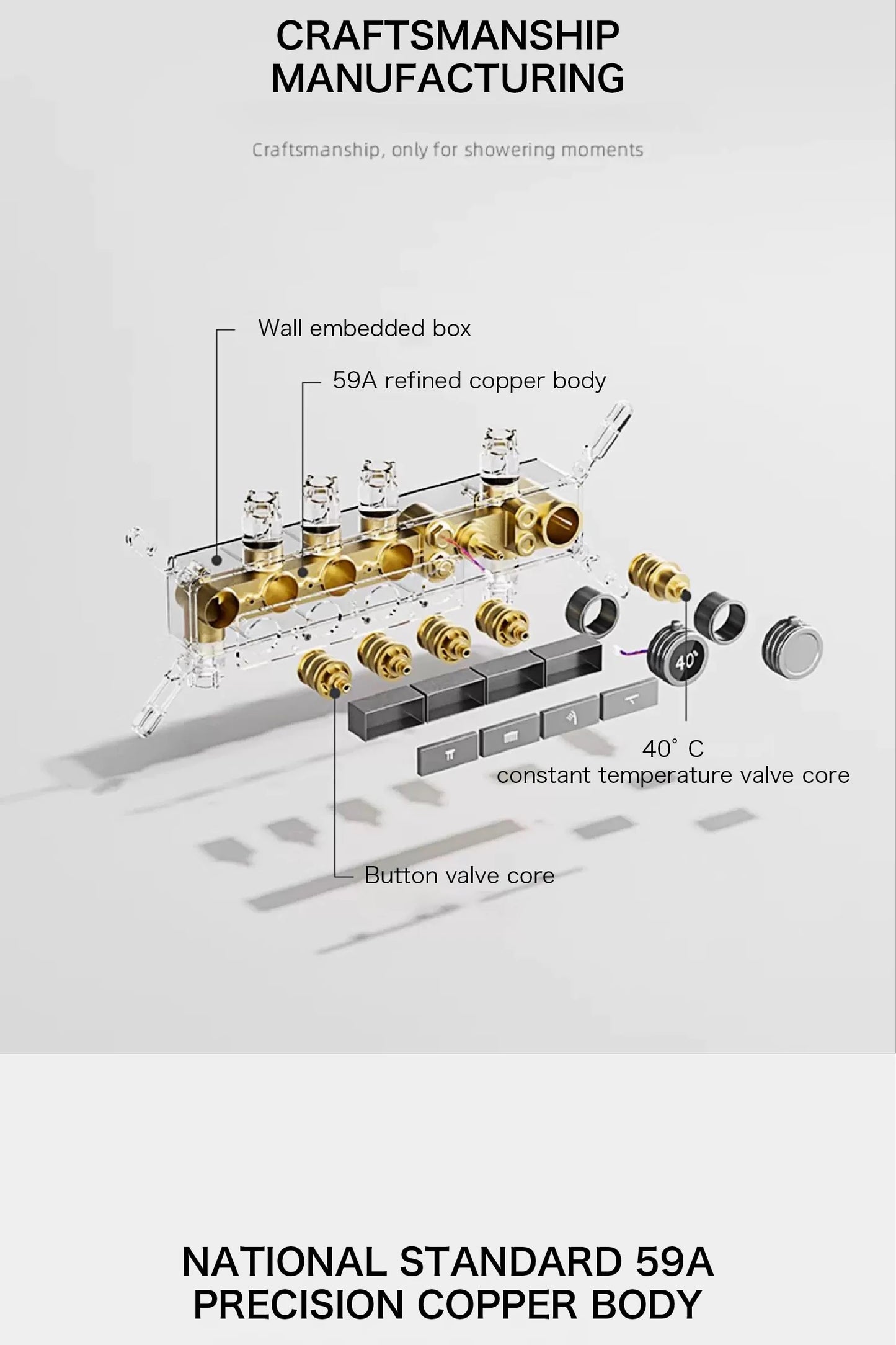 Luxury gun gray brass shower system with ceiling design Hidden LED digital display Dual control of Hot & Cold  bathroom Faucet