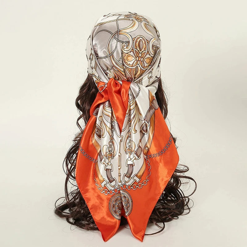 Handkerchiefs Hair Silk Scarf 90*90cm Print Satin Big Square Silk Scarves Shawls for Women Luxury Brand Designer Hijab Headband