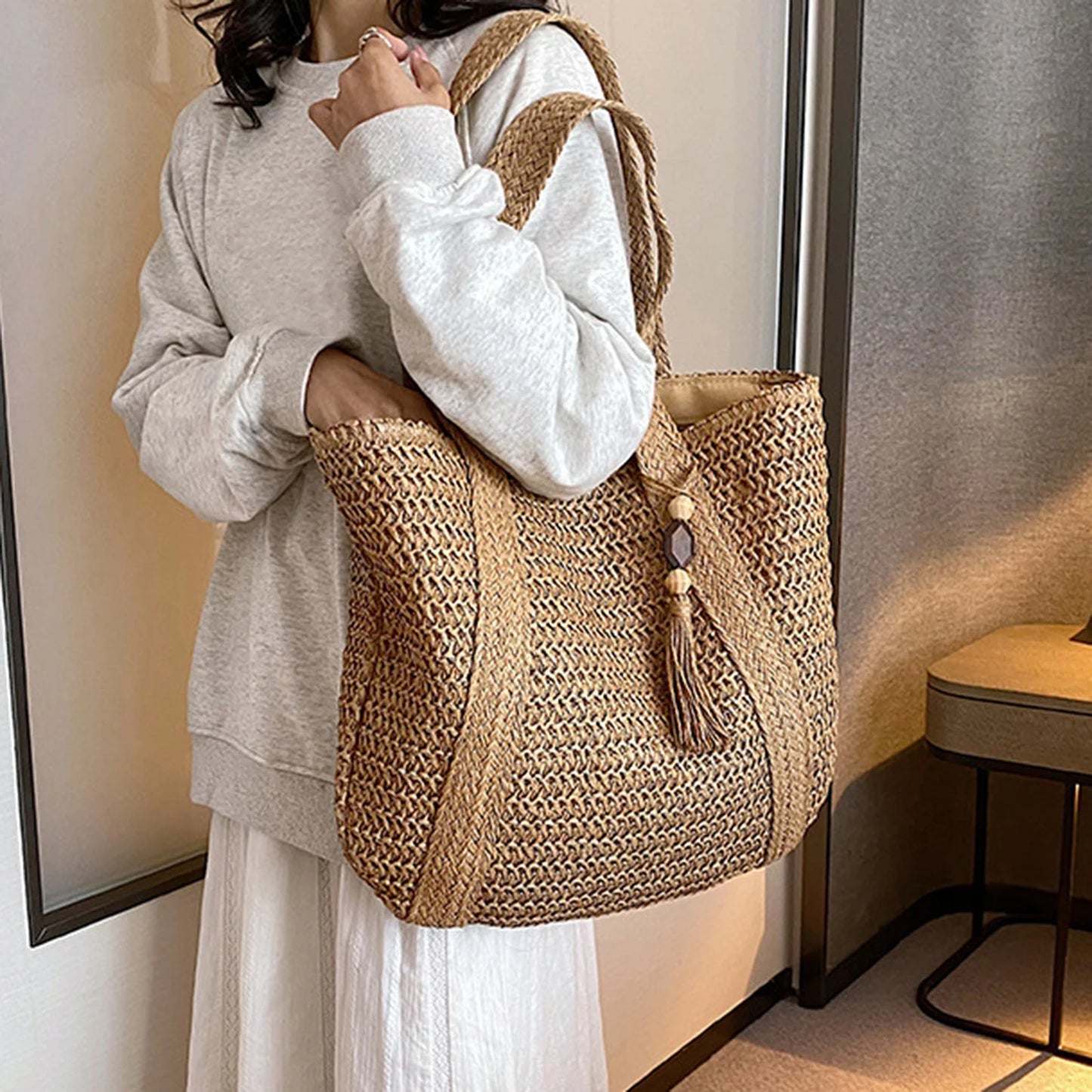 Women Hand Woven Tote Bag Solid Color Large Capacity Square Handbag Straw Shoulder Bag with Tassel Pendant