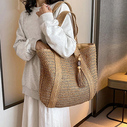 Women Hand Woven Tote Bag Solid Color Large Capacity Square Handbag Straw Shoulder Bag with Tassel Pendant
