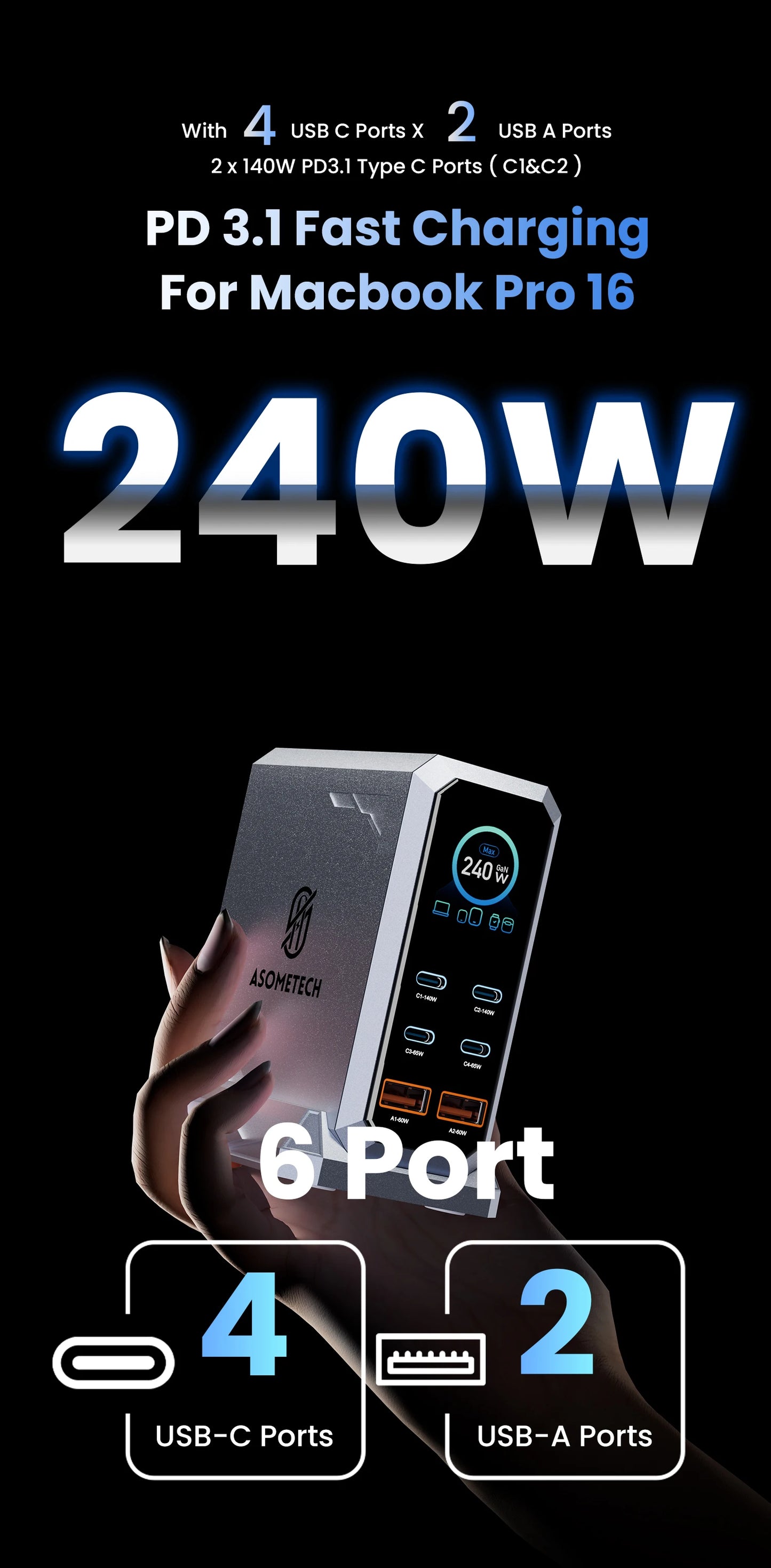 240W GaN Charger 6-IN-1 140W PD3.1 PPS USB Type C Digital Display Fast Charging Station for iPhone 16 15 MacBook Laptops Samsung
