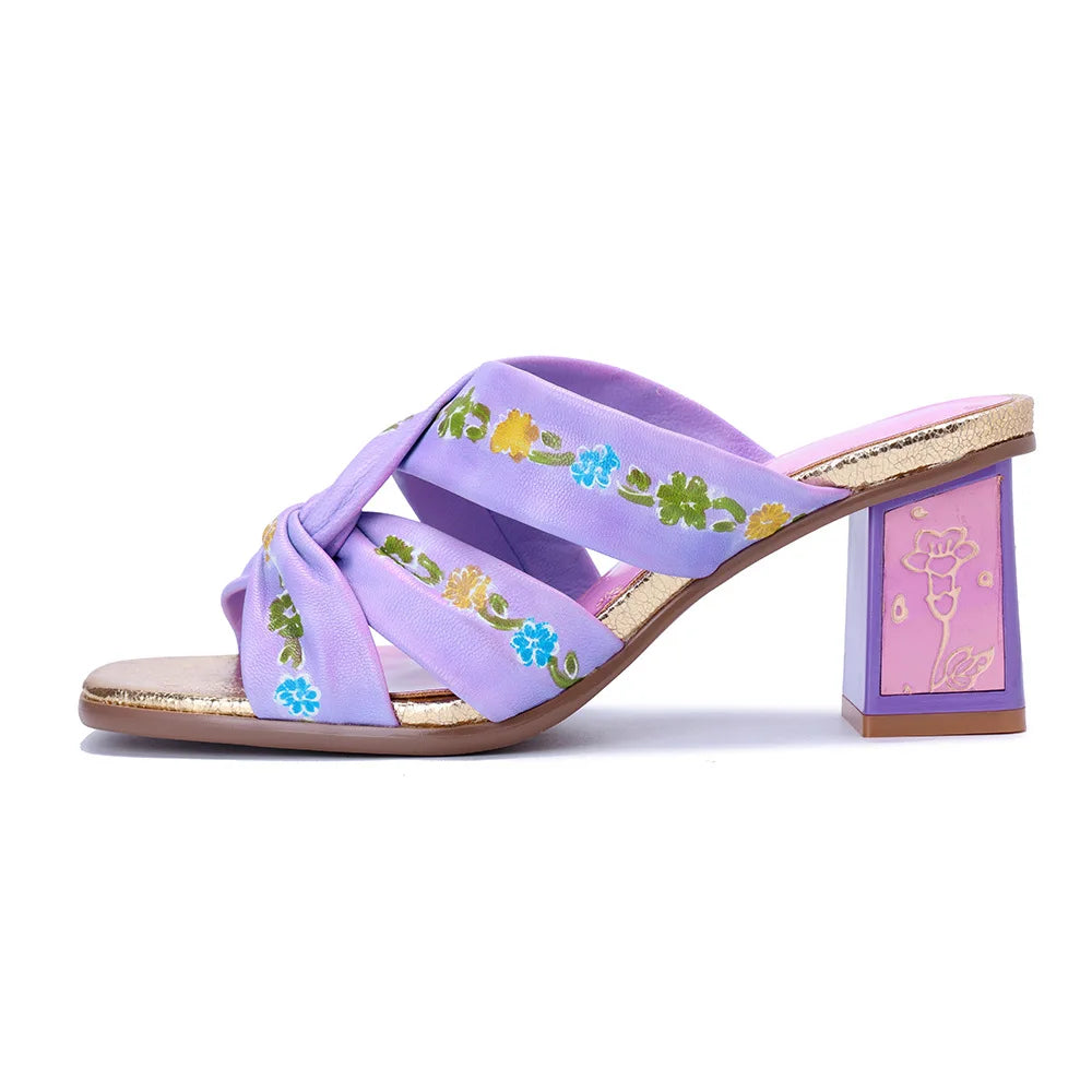 Purple Handmade Woman Slippers Luxury Party Banquet Shoes 6.5CM High Heels Summer Fashion Slide Lady Square Toe Bohemian Sandals