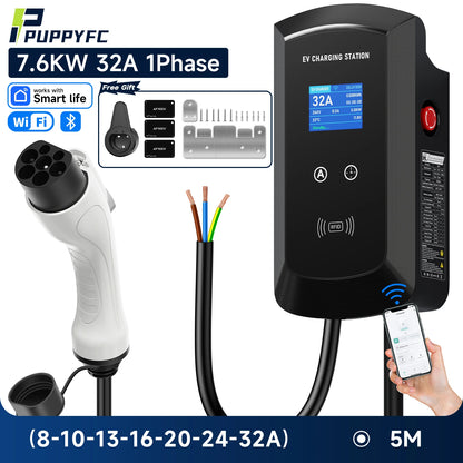Puppyfc 7.6KW/11KW/22KW 3Phase EV Charging Station GBT 20234 Electric Car Charger EVSE Wallbox WiFi Bluetooth APP Remote Control