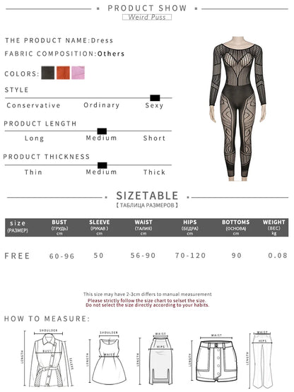 Weird Puss See Through Women Jumpsuits Long Sleeve Hollow Out Hot Girls Sexy Nightclub Dance Party Body-Shaping Coquette Outfits