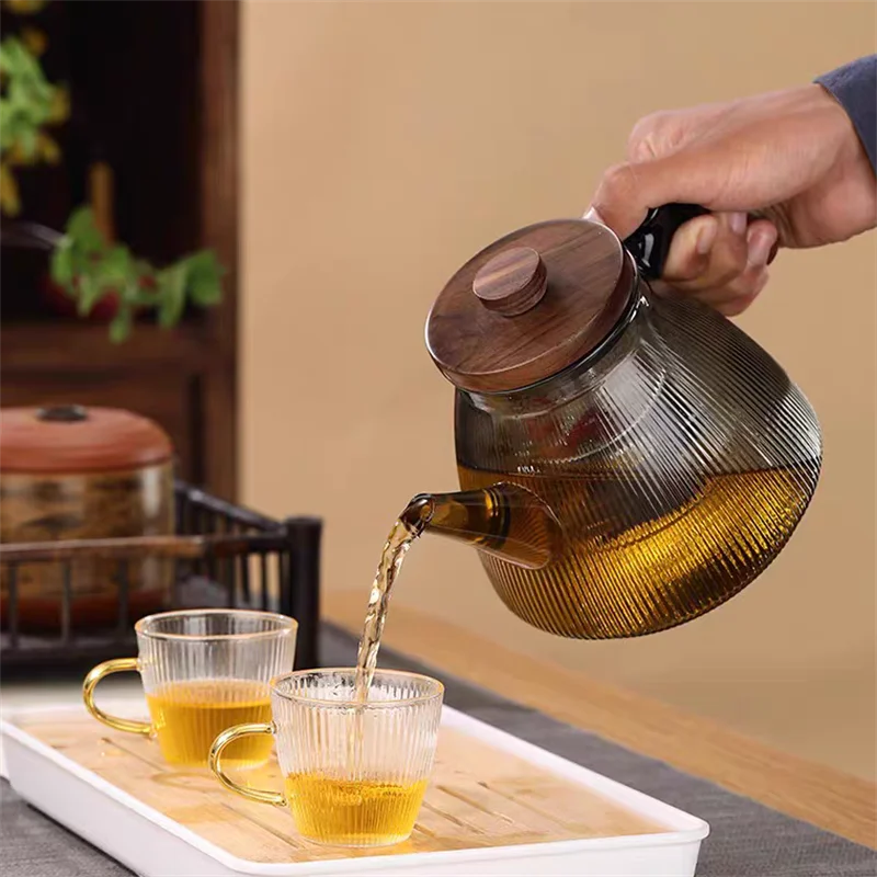 Stripe High Borosilicate Glass Teapot  With Walnut Handle Cooking and Steaming Dual Purpose Glass Tea Pot Tea Kettle Teaware