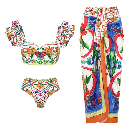 2026 New Sexy Ruffle Bikini Set Printed Brazilian Biquini Women Swimwear Skirt Bathing Suit Girls Summer Beachwear Dress
