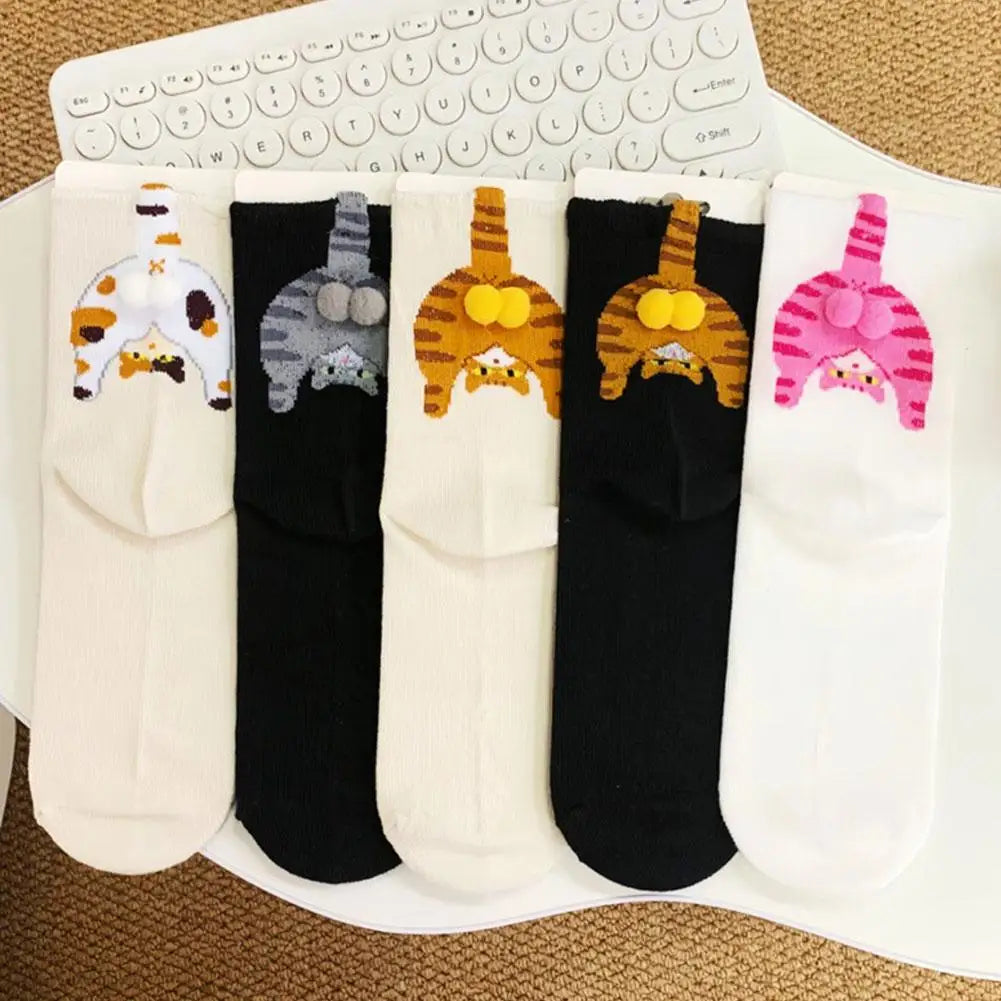 Cartoon Cat Egg Socks Soft Breathable Cute Mid Tube Cotton Socks 3D Cat Egg Balls Unique Design Trendy Funny