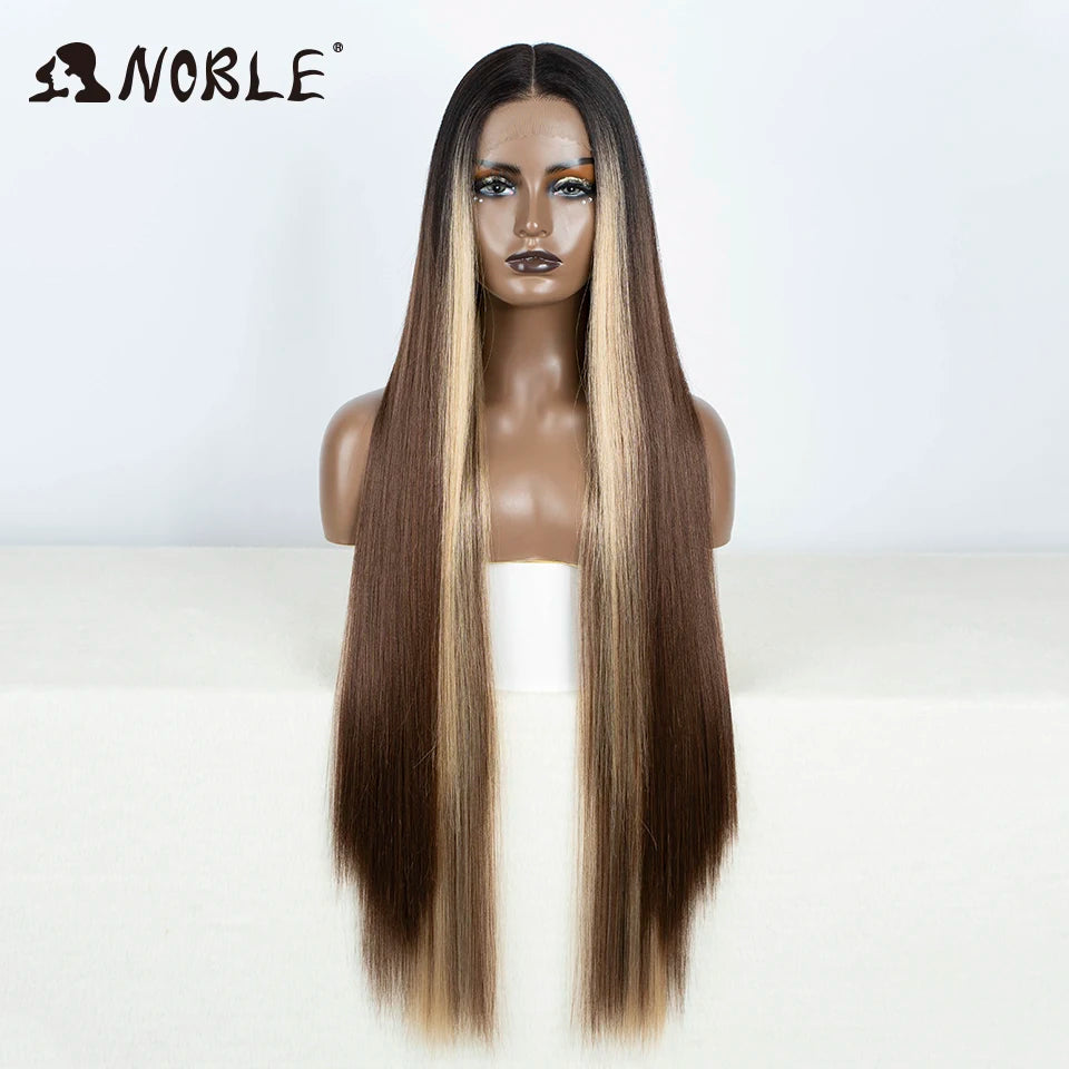 Noble 38 Inch Extra Long Straight Synthetic Lace Front Wig Skunk Stripe Grey White Ombre Glueless Heat Resistant Wig For Women