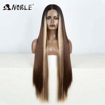 Noble 38 Inch Extra Long Straight Synthetic Lace Front Wig Skunk Stripe Grey White Ombre Glueless Heat Resistant Wig For Women