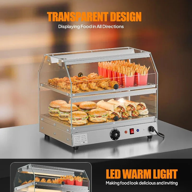 Commercial Food Warmer Display Pizza Warmer, 2-Tier Electric Countertop Food Warmer With LED Acrylic Door Removable
