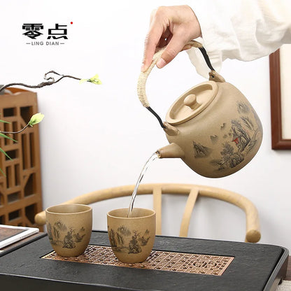Retro Japanese coarse pottery beam pot business gift ceramic kung fu tea set large teacup