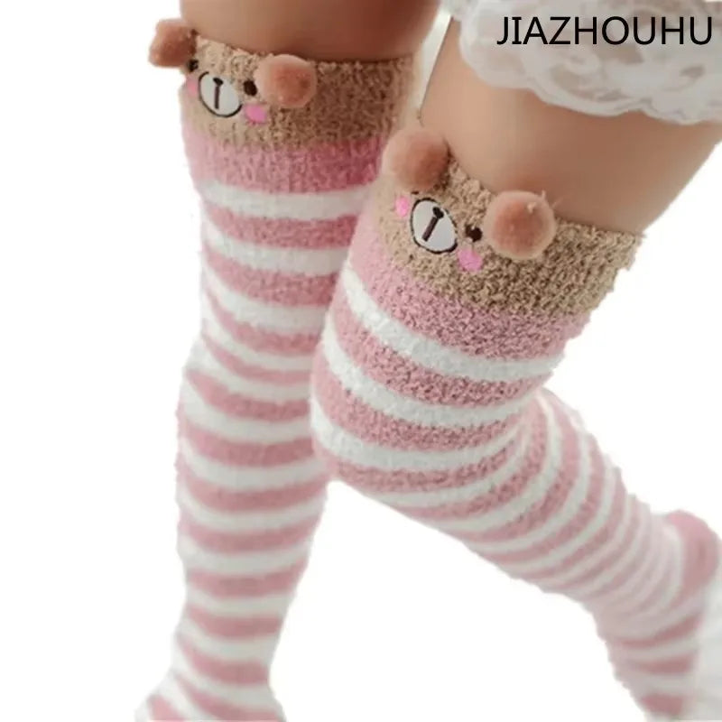Japanese Mori Girl Animal Modeling Knee Socks Striped Cute Compression Autumn Winter Warm Sock Sleep Cozy Long Thigh High Socks