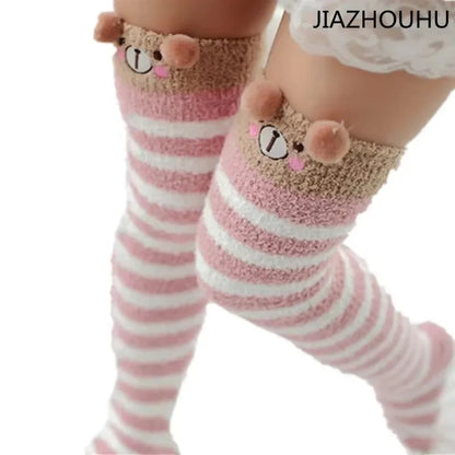 Japanese Mori Girl Animal Modeling Knee Socks Striped Cute Compression Autumn Winter Warm Sock Sleep Cozy Long Thigh High Socks