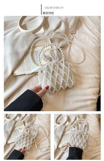 Women Pearl Bag Small Mini Tote Bucket Bag Woven Crossbody Hand Bags for Women Coin Purse Wallet Handbag Ladies Shoulder Bags