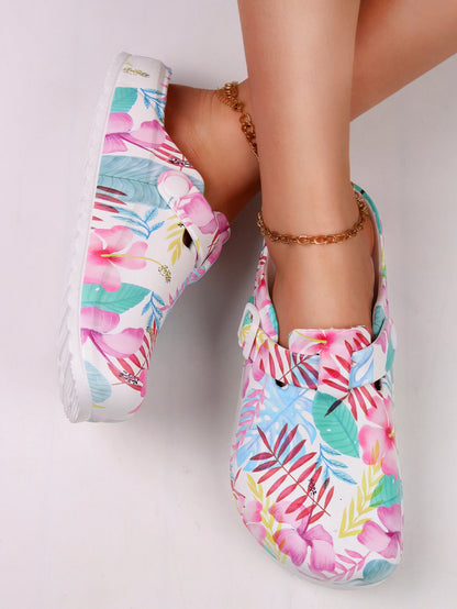 Women's Fashion Floral Print Clogs, Eva Summer Non-Slip Work Shoes, Lightweight Flat Soft Sole Adjustable Buckle Closed Toe Suitable for Beach Garden Autumn