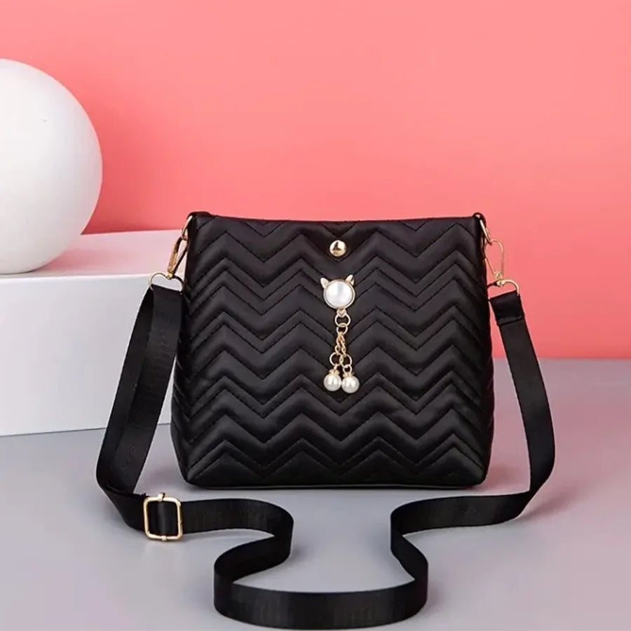 Women's Quilted Crossbody Bag with Cat Pearl Pendant - Elegant Shoulder Purse for Holiday gifts, 2025 Stylish Novelty Handbag