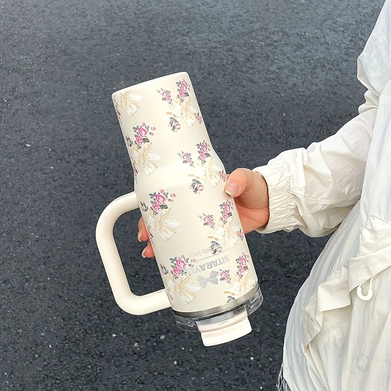 1pc 900ml Floral Print Stainless Steel Vacuum Insulated Tumbler with Straw,  Ice Cold Retention Cup,Birthday Gift for Women
