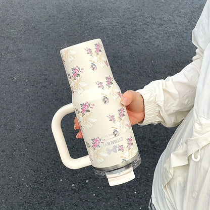 1pc 900ml Floral Print Stainless Steel Vacuum Insulated Tumbler with Straw,  Ice Cold Retention Cup,Birthday Gift for Women