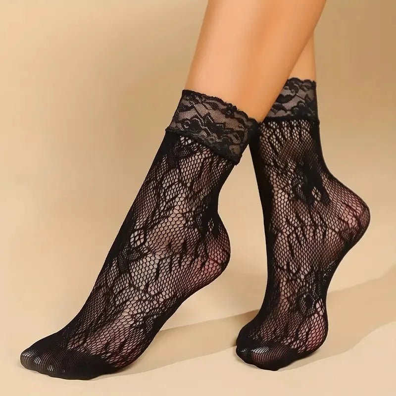 5 Pairs Lace Women Mesh Socks Summer Elastic Transparent Ankle Socks Vintage Lolita Women Versatile Fishnet Net Black Sock