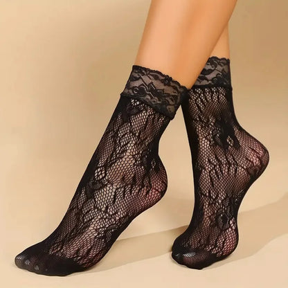 5 Pairs Lace Women Mesh Socks Summer Elastic Transparent Ankle Socks Vintage Lolita Women Versatile Fishnet Net Black Sock