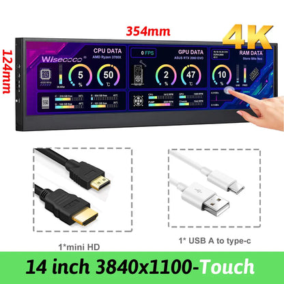 Wisecoco 14 Inch 4K 3840X1100 Aida64 IPS LCD Monitor Ultrawide PC Secondary Gaming Console For Raspberry Pi5 7.8''/8.8''/12.6''