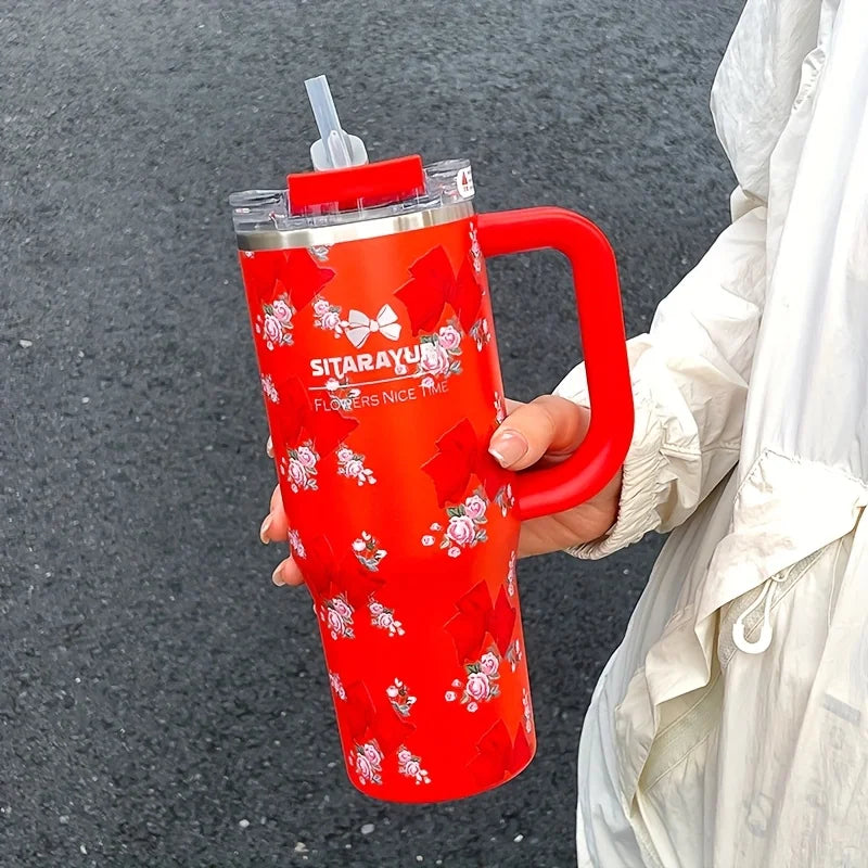1pc 900ml Floral Print Stainless Steel Vacuum Insulated Tumbler with Straw,  Ice Cold Retention Cup,Birthday Gift for Women