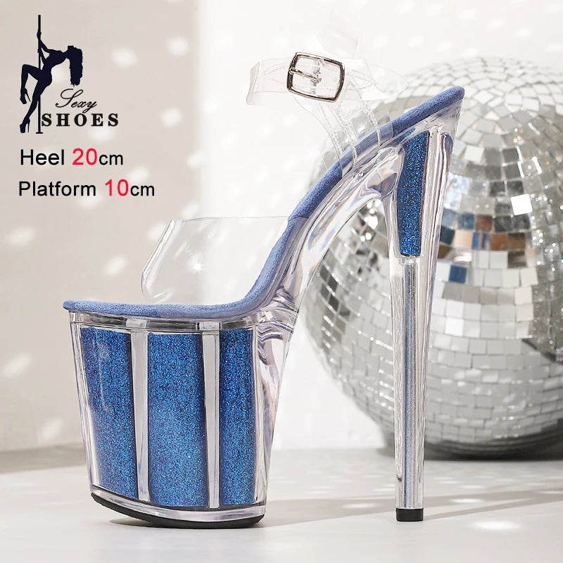 Super High Heel 20CM/8Inches Sexy Transparent Nightclub Sandals Summer Pole Dance Shoes Women Platform Crystal Model Show Heels