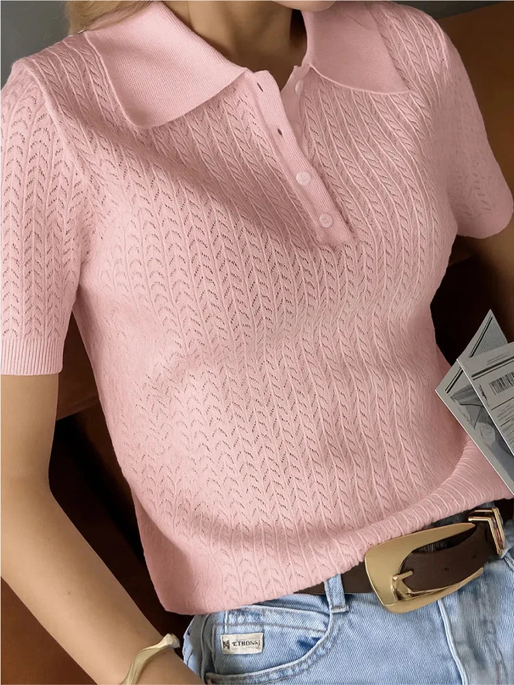 Typhaland Hollow Knitted T shirt Woman 2026 Summer New Short Sleeve Casual Loose Lapel Ins Hot Tops Lady Sweater T shirt Solid