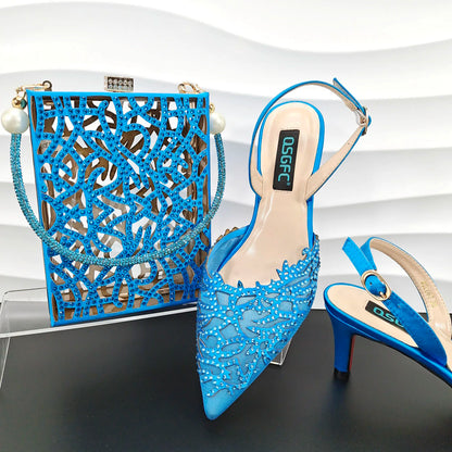 Luxury African Nigerian Bride Party Shoes Sky Blue All Rhinestone Pointed Heels Matching Shoe Bag Set