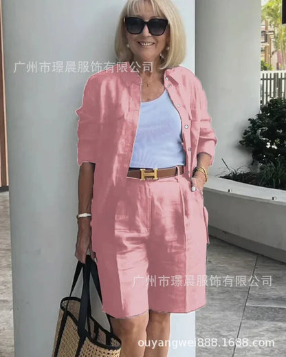 2026 Elegant 2-Piece Sets For Women Womens Cardigan Shirt Top Summer Solid Color Casual Shorts Two Piece New In Matching Sets