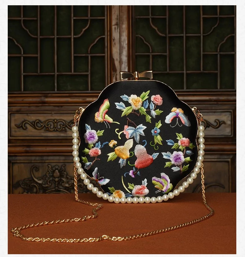 Cape-Bay Embroidered Women's Bag with Cheongsam, Chinese Classical Flower Embroider Small Bag Flower Cloth Bag, Gold Edged Gold Lock Chain Bag, Fashionable Niche Black Flower Cloth Bag, Banquet Party Casual Shoulder Bag, Cros