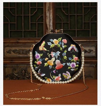 Cape-Bay Embroidered Women's Bag with Cheongsam, Chinese Classical Flower Embroider Small Bag Flower Cloth Bag, Gold Edged Gold Lock Chain Bag, Fashionable Niche Black Flower Cloth Bag, Banquet Party Casual Shoulder Bag, Cros