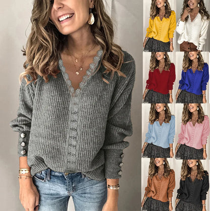 2025 autumn and winter new lace V-neck casual slim jacket sweater for women loose long-sleeved solid color sweater